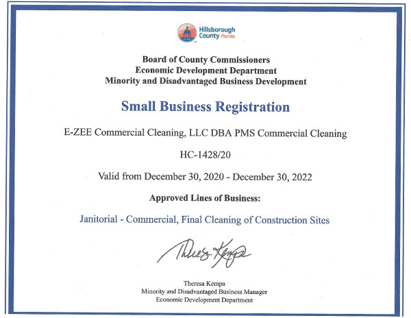 Hillsborough County Board of County Commissioners, Small Business Registration, E-Zee Commercial Cleaning, LLC